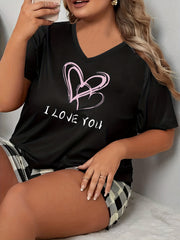 Heart & Slogan Print V-Neck Pajama Top
