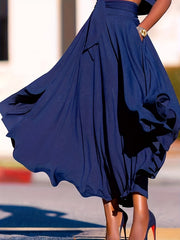 Casual Solid Maxi Skirt High Rise Stretch Belted With Pockets