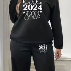 Women's Lounge Set Slogan Print Fleece Top & Joggers Pajamas
