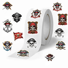 500 Pirate Stickers Roll Waterproof Vinyl Fun Skeleton Designs Party Favors