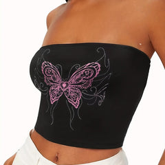 Butterfly Print Crop Tube Top Sleeveless Summer Casual Top