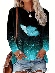 Butterfly Print Sweatshirt Crew Neck Women's Clothing