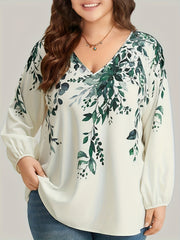 Floral Print Lantern Sleeve V Neck Blouse