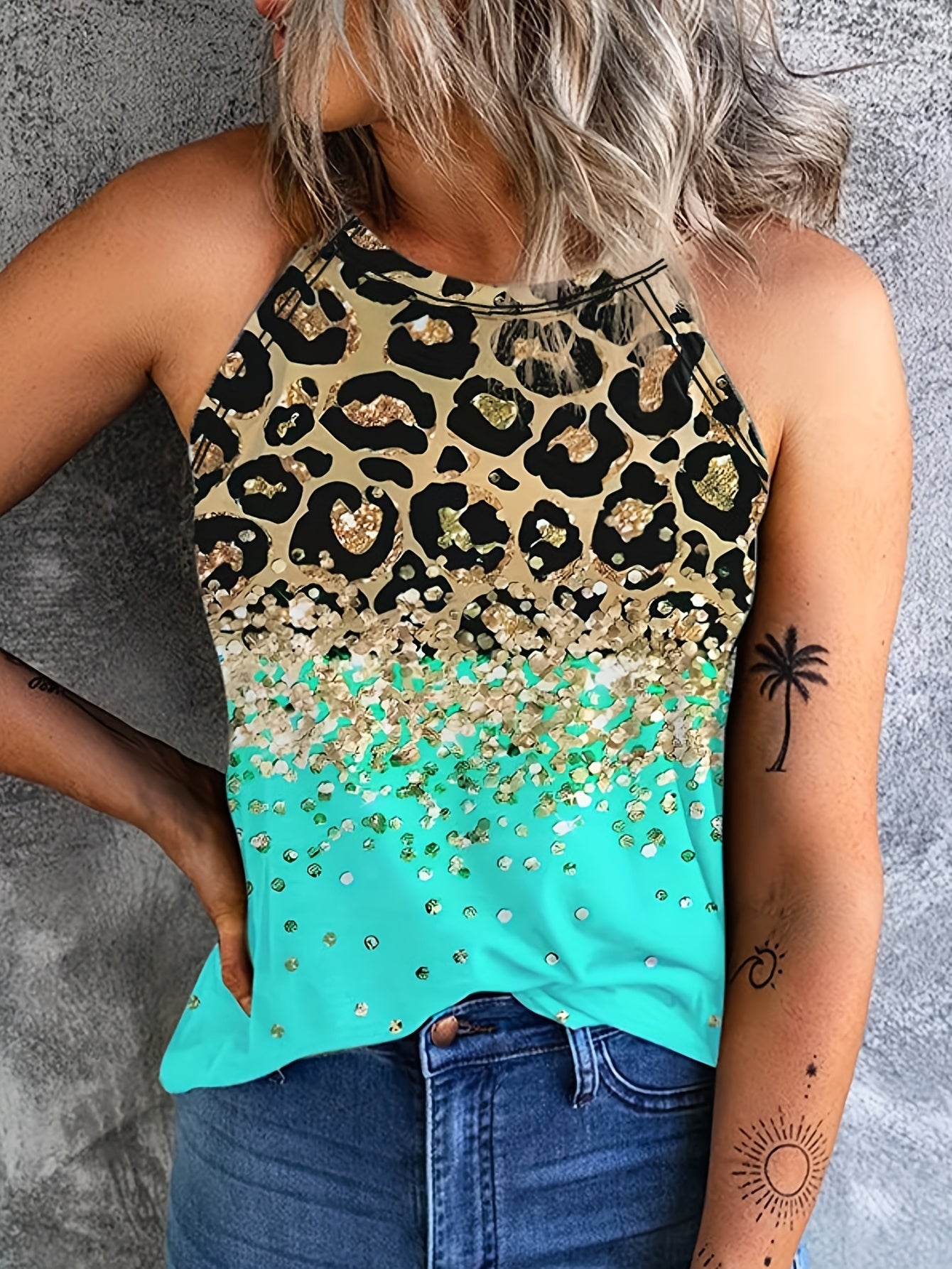 Leopard Print Halter Tank Top Sleeveless Casual Summer Women's Clothing