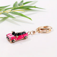 Striped Mini Car Keychain with Diamond Decoration Pendant