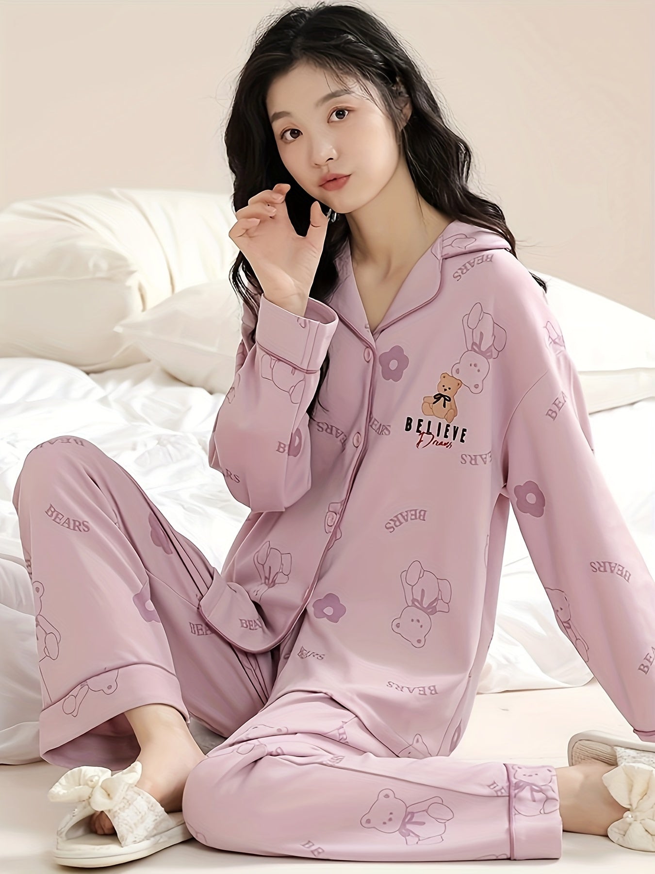 Bear Print Pajama Set Long Sleeve Top & Pants Women's Sleepwear