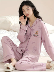 Bear Print Pajama Set Long Sleeve Top & Pants Women's Sleepwear