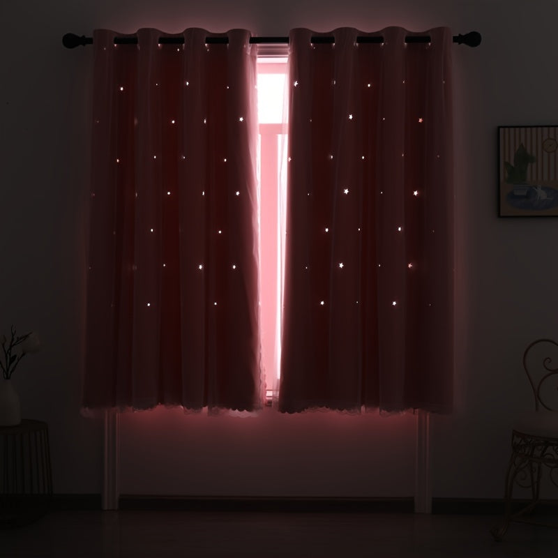 Blackout Star Window Curtain With Tulle Overlay