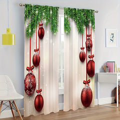 2 Panels Christmas Curtains Red Christmas Balls Pine Leaves Rod Pocket Curtains