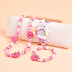 Cat Silicone Strap Quartz Watch with Wooden Necklace and Bracelet Set