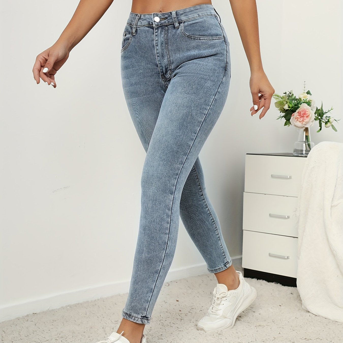 High Waist Skinny Jeans Slash Pockets High Rise Denim Pants
