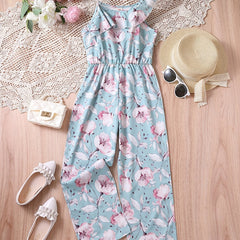 Floral Ruffle Trim Rompers Wide Leg Jumpsuit for Beach Vacation