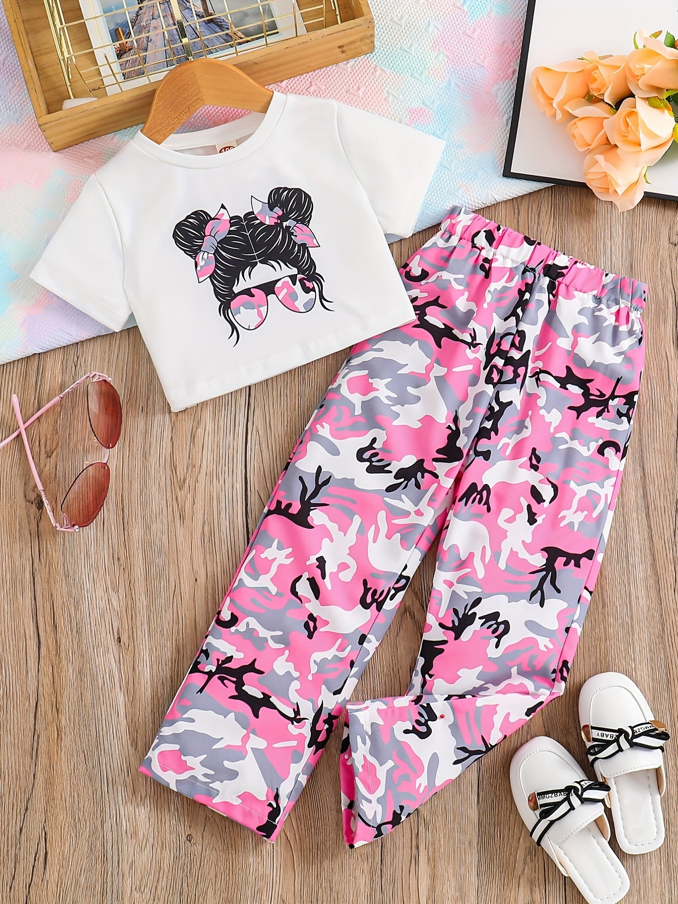 Girl's Camo 2pcs T shirt & Sweatpants Set Anime Girl Print