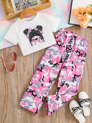 Girl's Camo 2pcs T shirt & Sweatpants Set Anime Girl Print