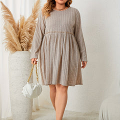 Solid Ribbed Ruffle Trim Long Sleeve Casual Dress