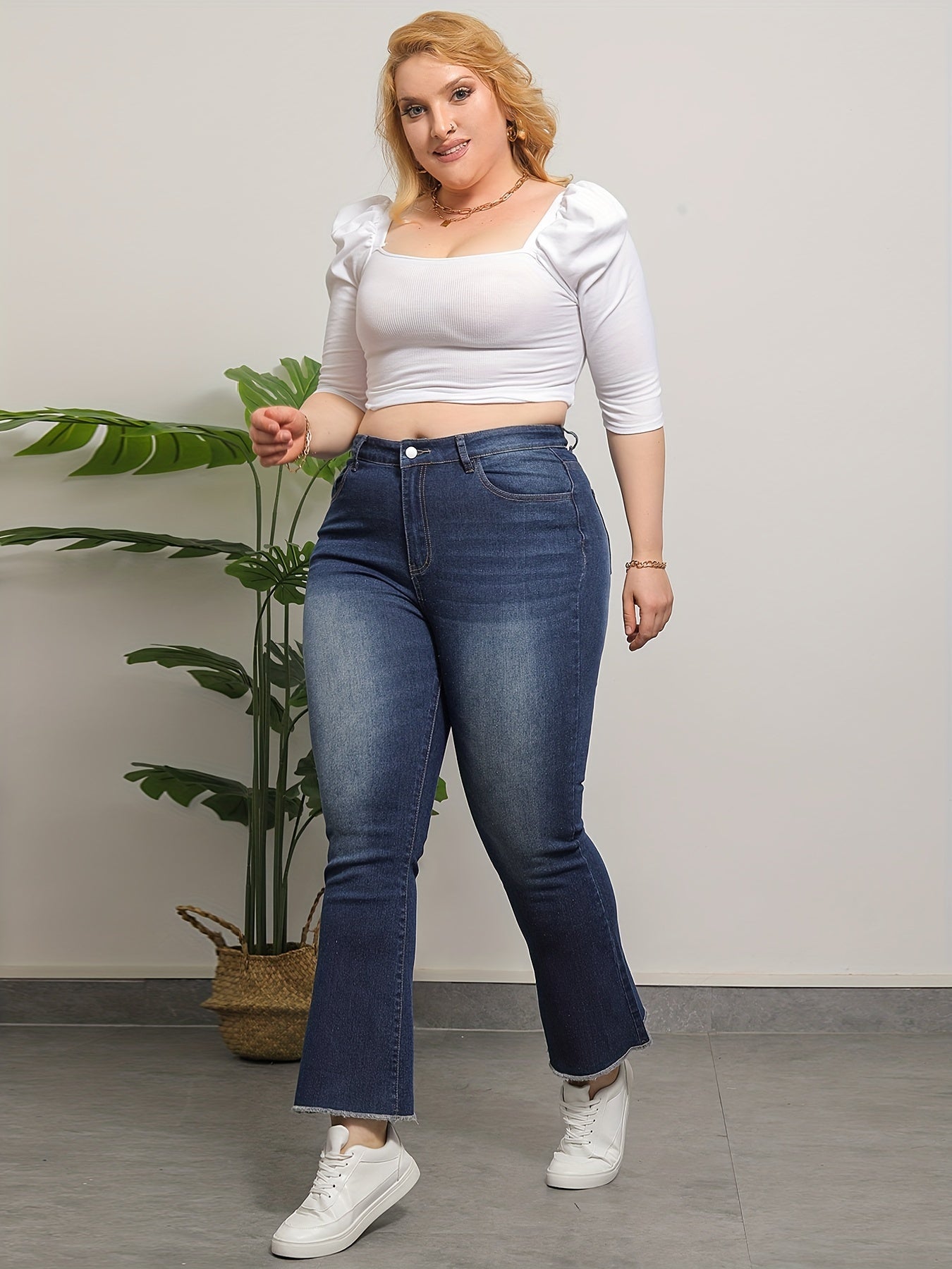 Washed Button Fly Fringe Trim Stretch Jeans