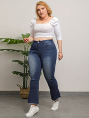 Washed Button Fly Fringe Trim Stretch Jeans