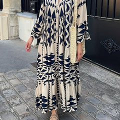 Geo Print Tiered Dress Button Front Boho Long Sleeve