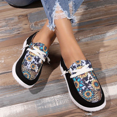 Women's Sunflower & Cow Print Canvas Loafers Casual Flat Sneakers