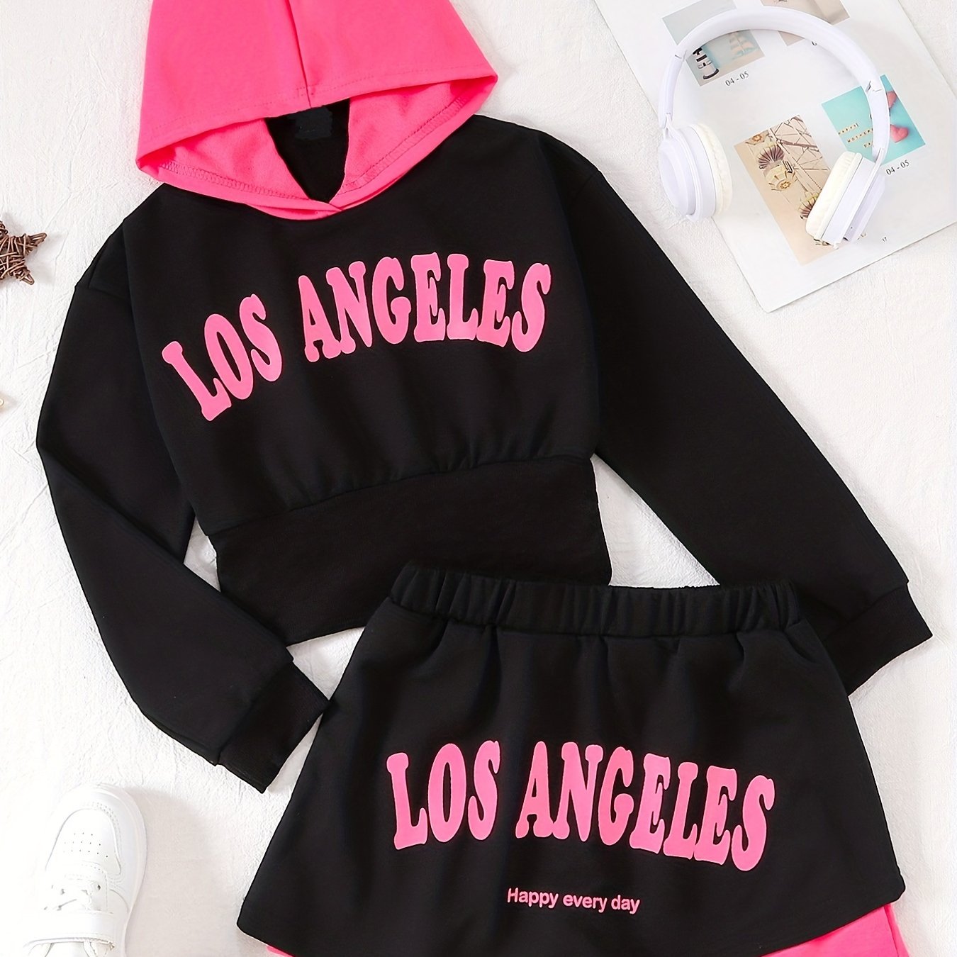 Girl's Hoodie & Sporty Style Skirt Set with Print - Kid's Clothes