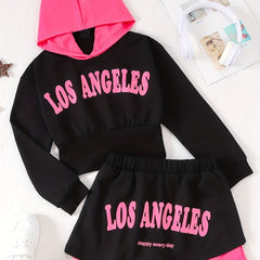 Girl's Hoodie & Sporty Style Skirt Set with Print - Kid's Clothes