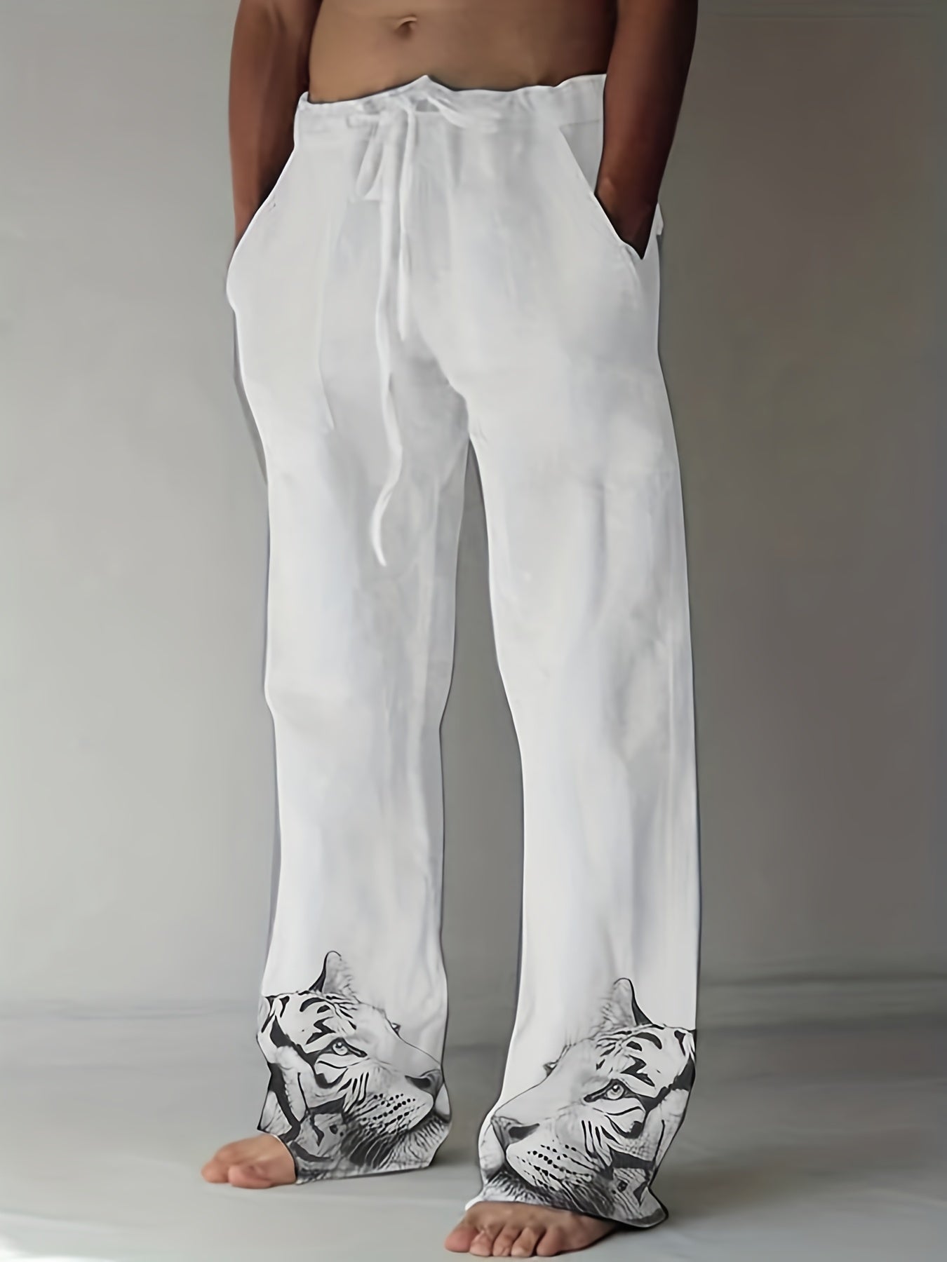 Men's Casual Pattern Printed Loose Wide Leg Trousers Side Pocket Pants
