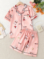 Girls Bunny Graphic Pajamas Set Short Sleeve Nightwear Lounge Suit