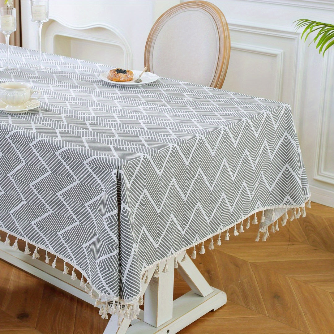 Boho Geometric Wave Pattern Tablecloth European Style Cotton Linen Rectangular