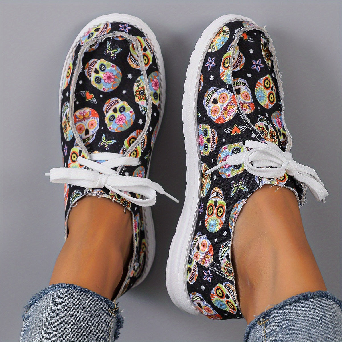 Women's Skull Loafers Slip-On Low Light Halloween Shoes