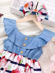 Girls Sleeveless Ruffles Crew Neck Button Floral Princess Dress
