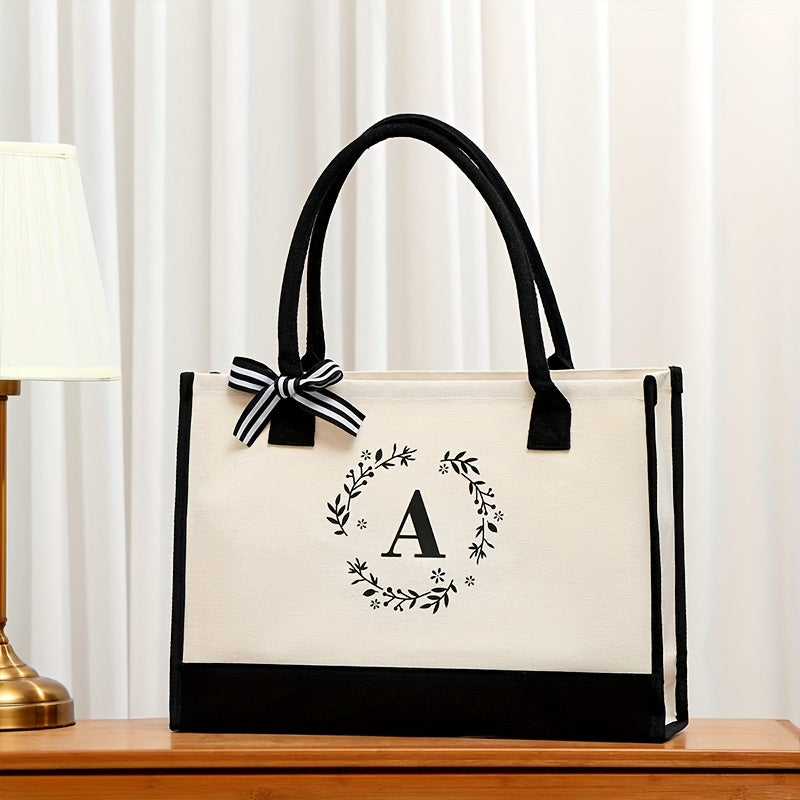 Letter Plant Print Tote Bag Large Capacity Shopping Bag