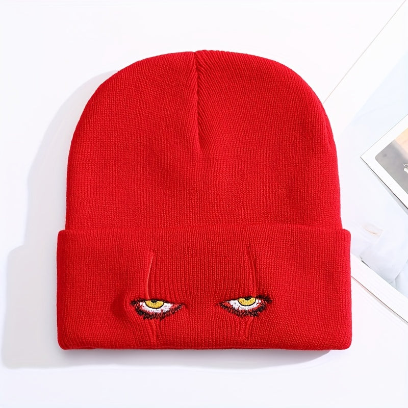 Horror Clown Eyes Cartoon Embroidery Knitted Hat with Woolen Cover
