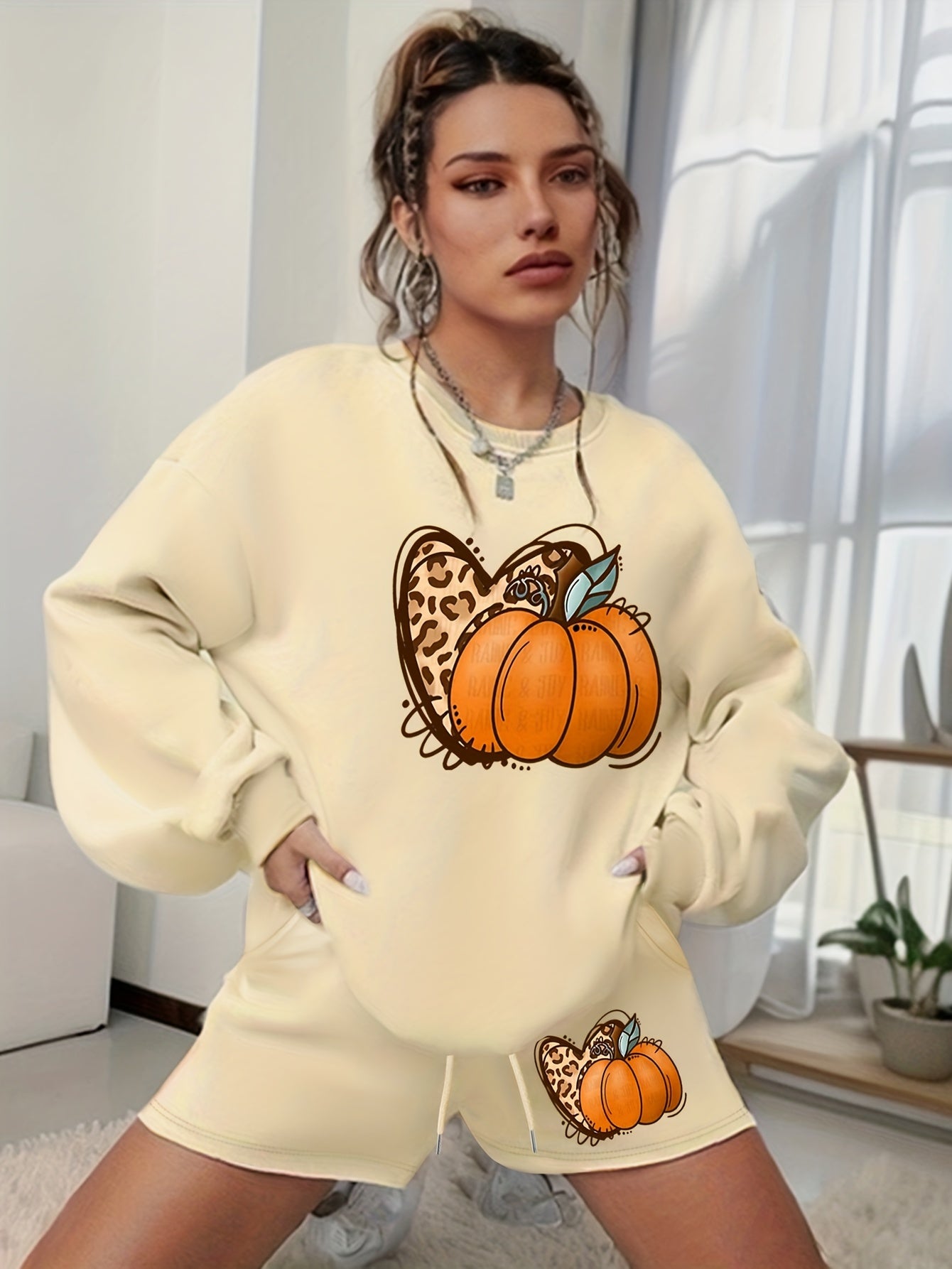 Pumpkin Graphic Print Sweatshirt & Shorts 2pcs Set