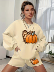 Pumpkin Graphic Print Sweatshirt & Shorts 2pcs Set