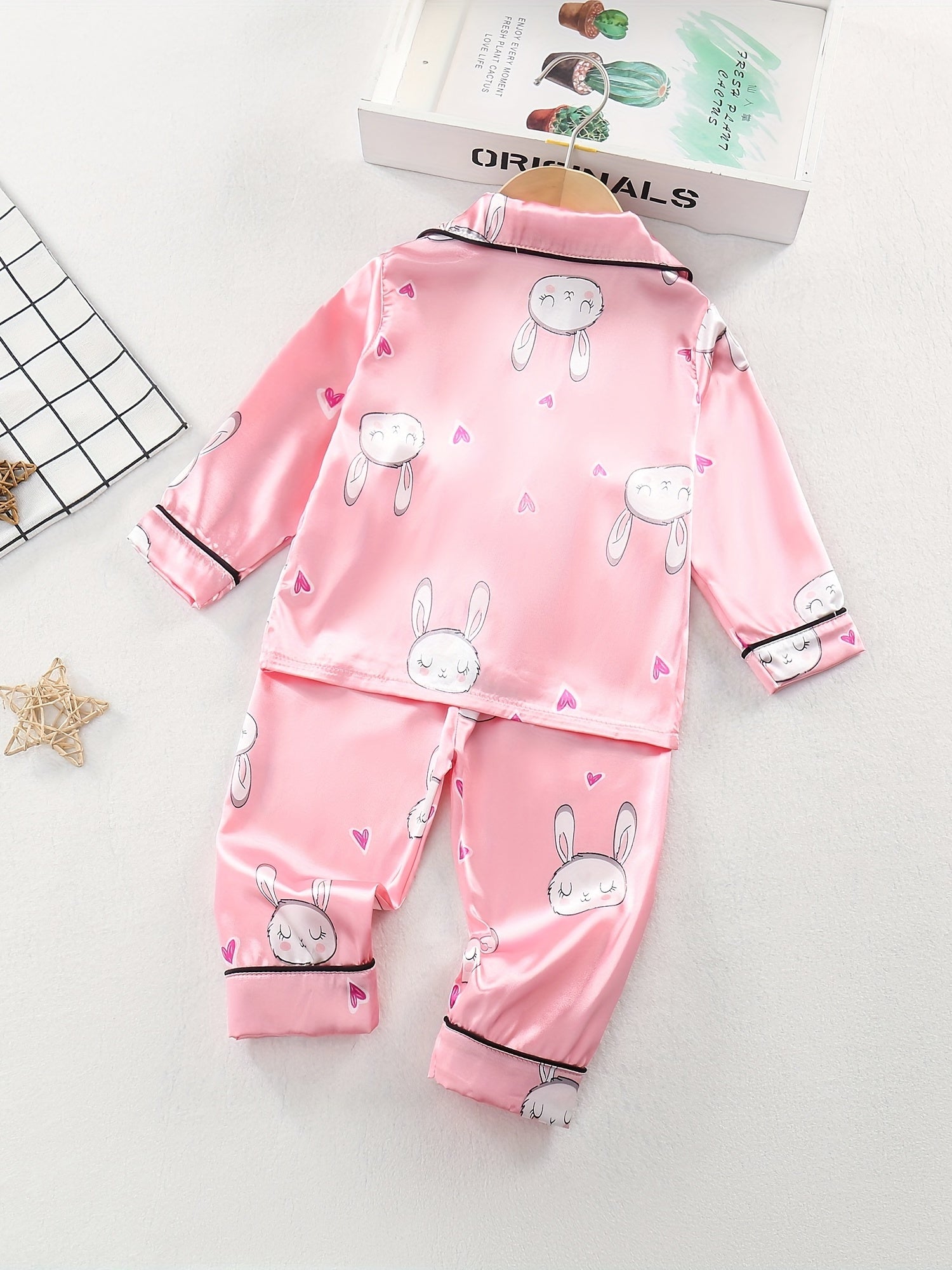 Girl's Rabbit Pattern 2pcs Button Front Long Sleeve Top & Pants Set