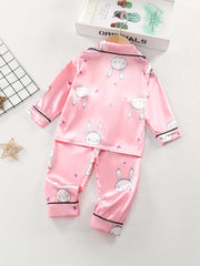 Girl's Rabbit Pattern 2pcs Button Front Long Sleeve Top & Pants Set