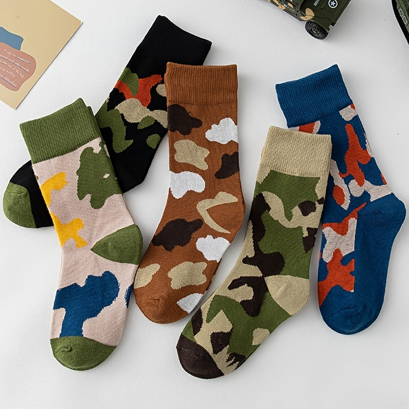 5 Pairs Boys Camo Crew Socks for Spring Autumn
