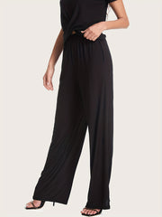 Solid Wide Leg Pants Elastic Waist Loose Fit Casual