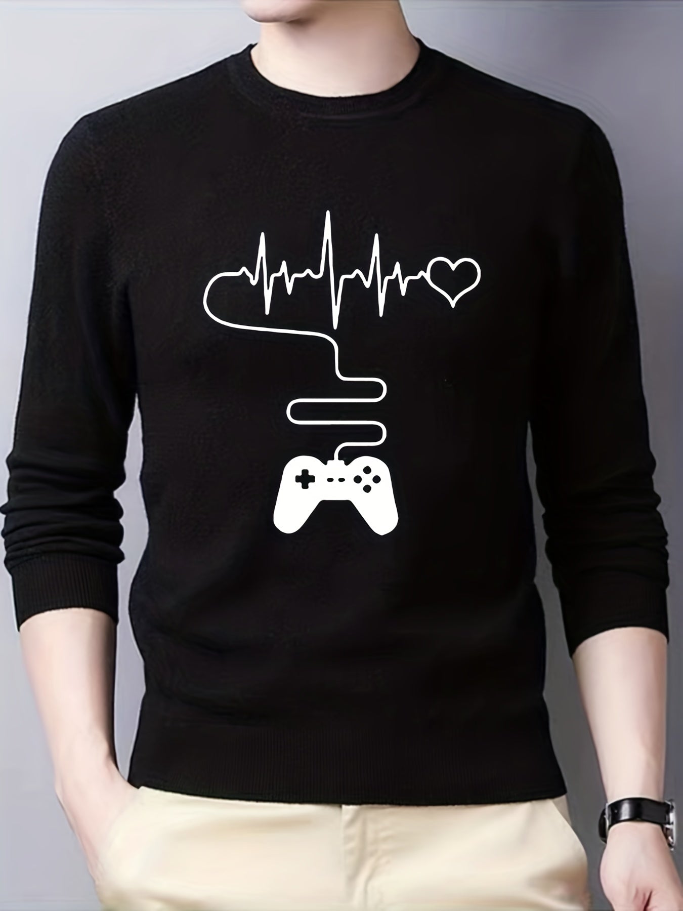 Gamepad & Heartbeat Pattern Knitted Sweater Men's Casual Warm Crew Neck Pullover