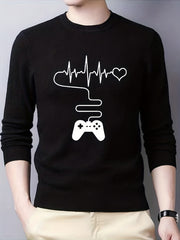 Gamepad & Heartbeat Pattern Knitted Sweater Men's Casual Warm Crew Neck Pullover