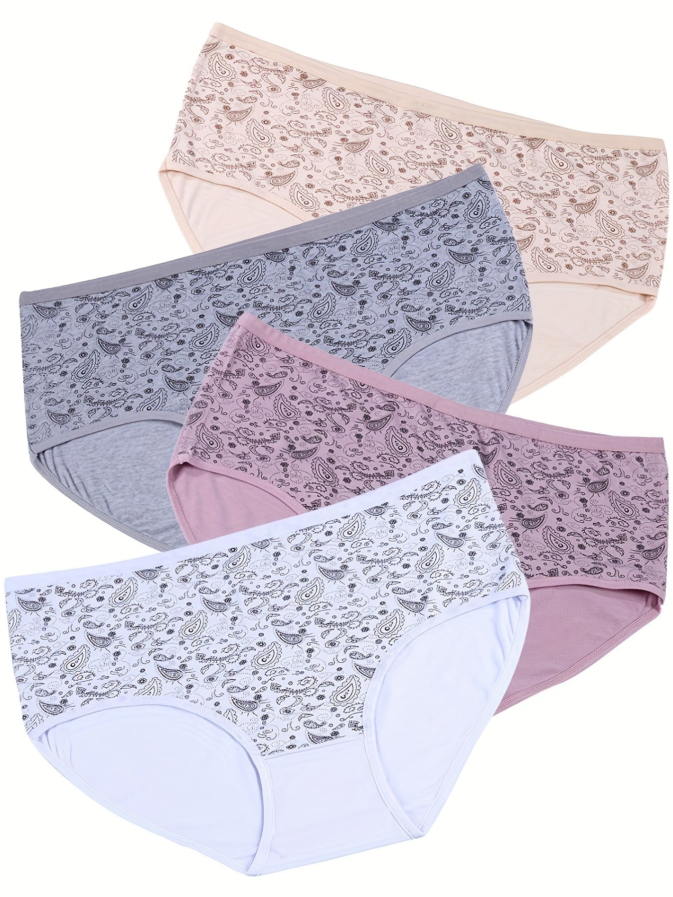 4 Pack Plus Size Boho Underwear Set Women's Paisley Print Soft Panty Set