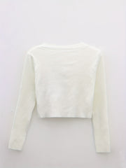 Solid Scoop Neck Crop Sweater Long Sleeve Slim Sweater For Spring & Fall