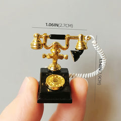 1:12 Scale Retro Metal Rotary Phone Miniatures, Pink/Red with Golden Dial & Hand