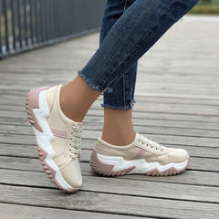 Women's Platform Lace Up Sneakers Low Top Faux Leather Shoes