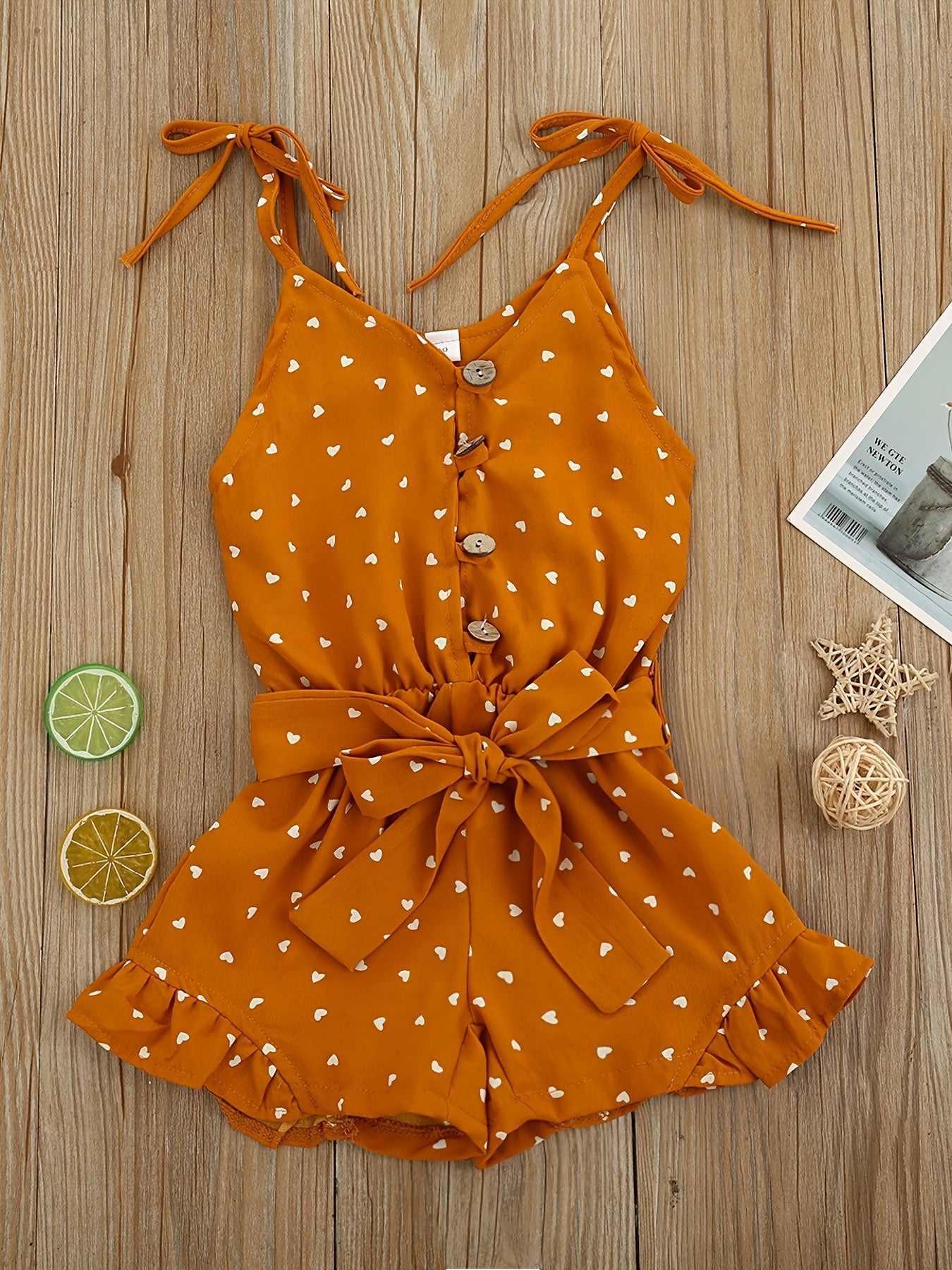 Baby Girls Heart Print Romper Jumpsuit with Belt