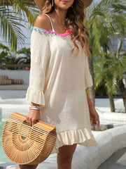 Colorful Pom Pom Trim Ruffle Scoop Neck Cover Up Dress
