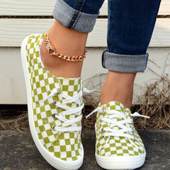 Green Checkerboard Walking Shoes Lace Up Casual Flat Sneakers