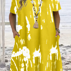 Tie Dye Short Sleeve Round Neck Dress With Pockets