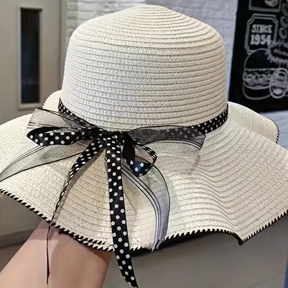 Wide Brim Sun Hat with Floppy Ruffles French Style Straw Hat for Women