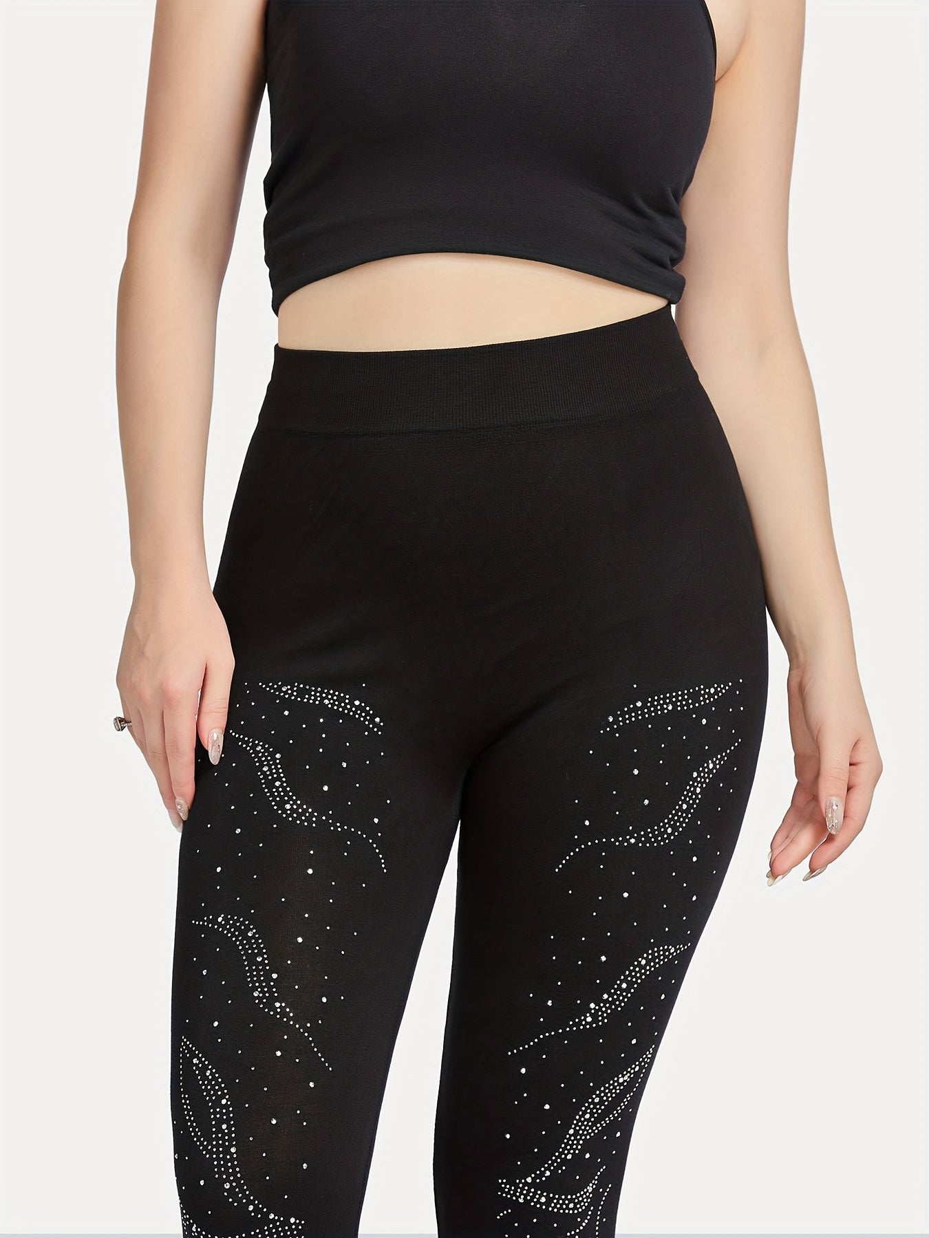 Floral Rhinestone Skinny Leggings Women's Clothing
